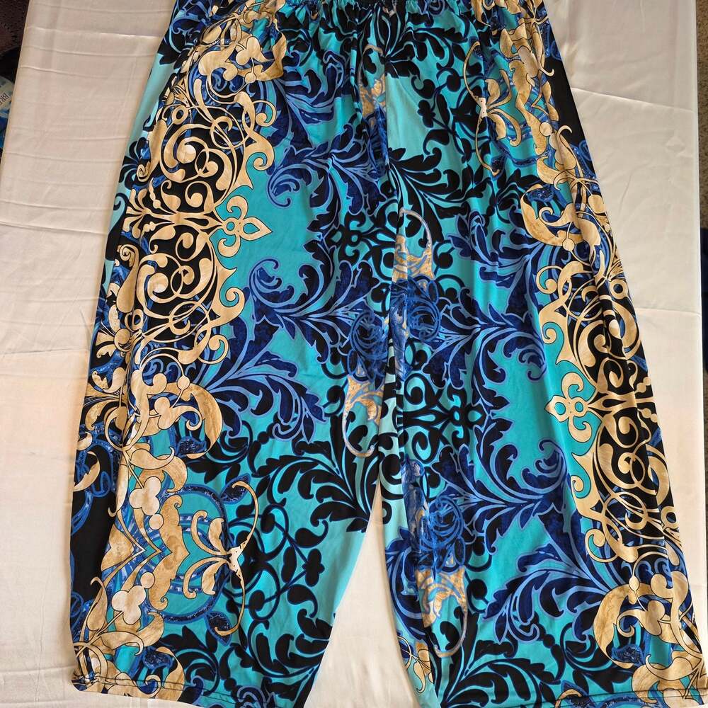 White Mark Blue Cream Victorian Print Palazzo Cropped Pants Size 3X